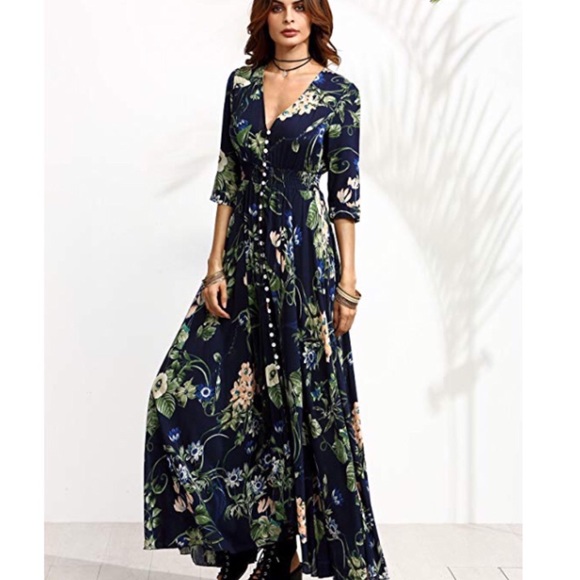 V neck boho print maxi dress - Picture 2 of 5